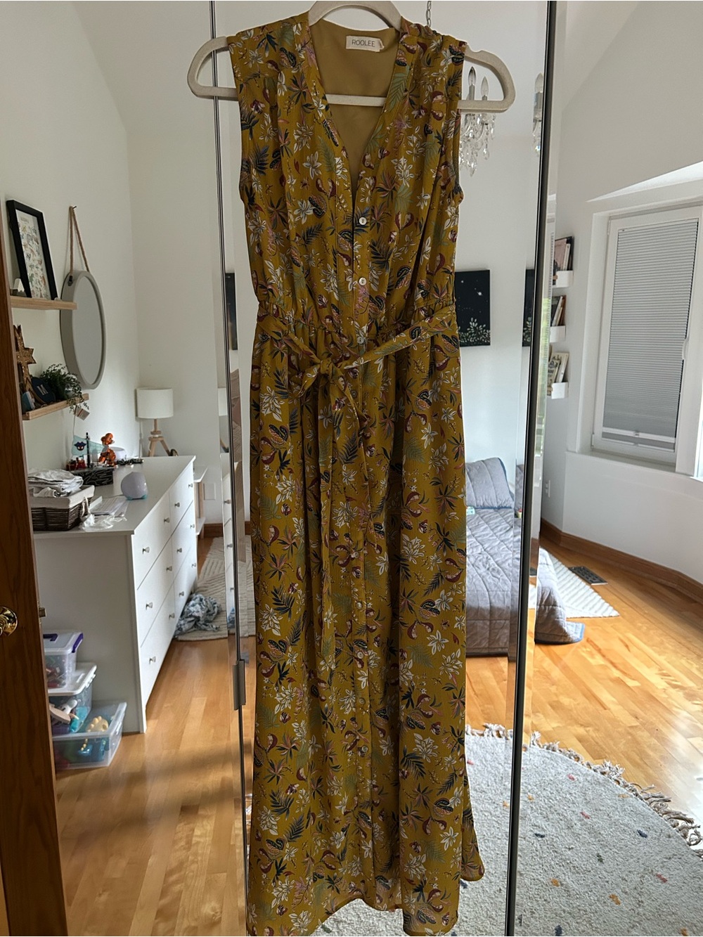 Roolee Mustard Floral Maxi Dress with Tie Belt